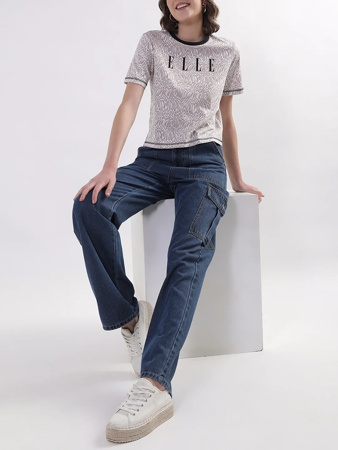 Elle Women Beige Solid Round Neck TShirt - Image 5