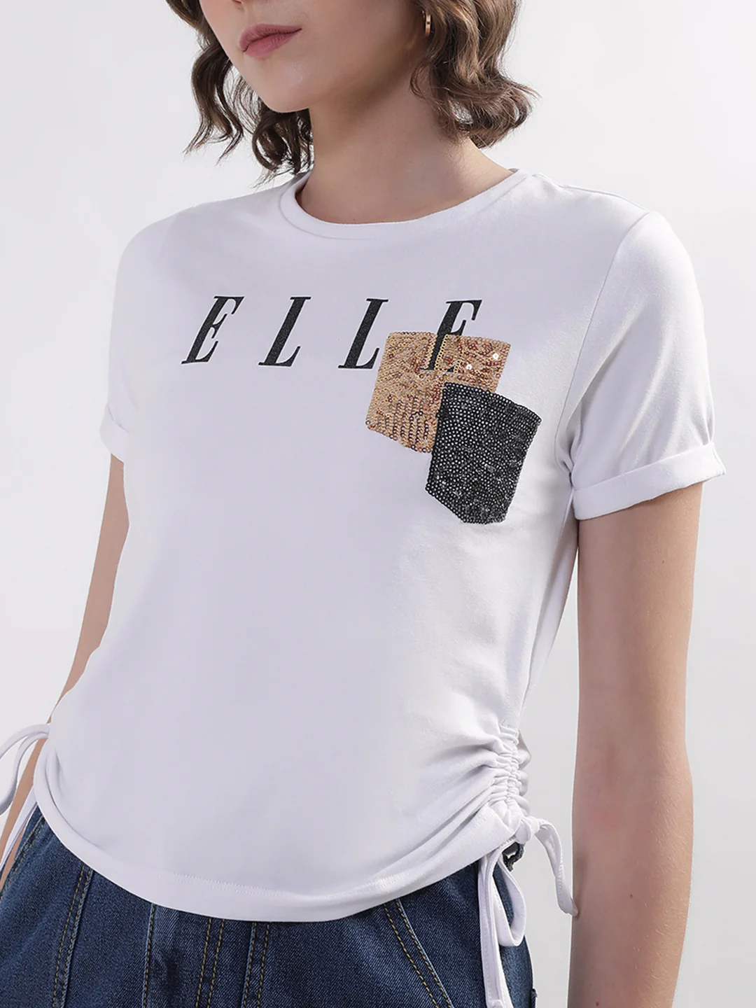 Elle Women White Solid Round Neck TShirt - Image 3