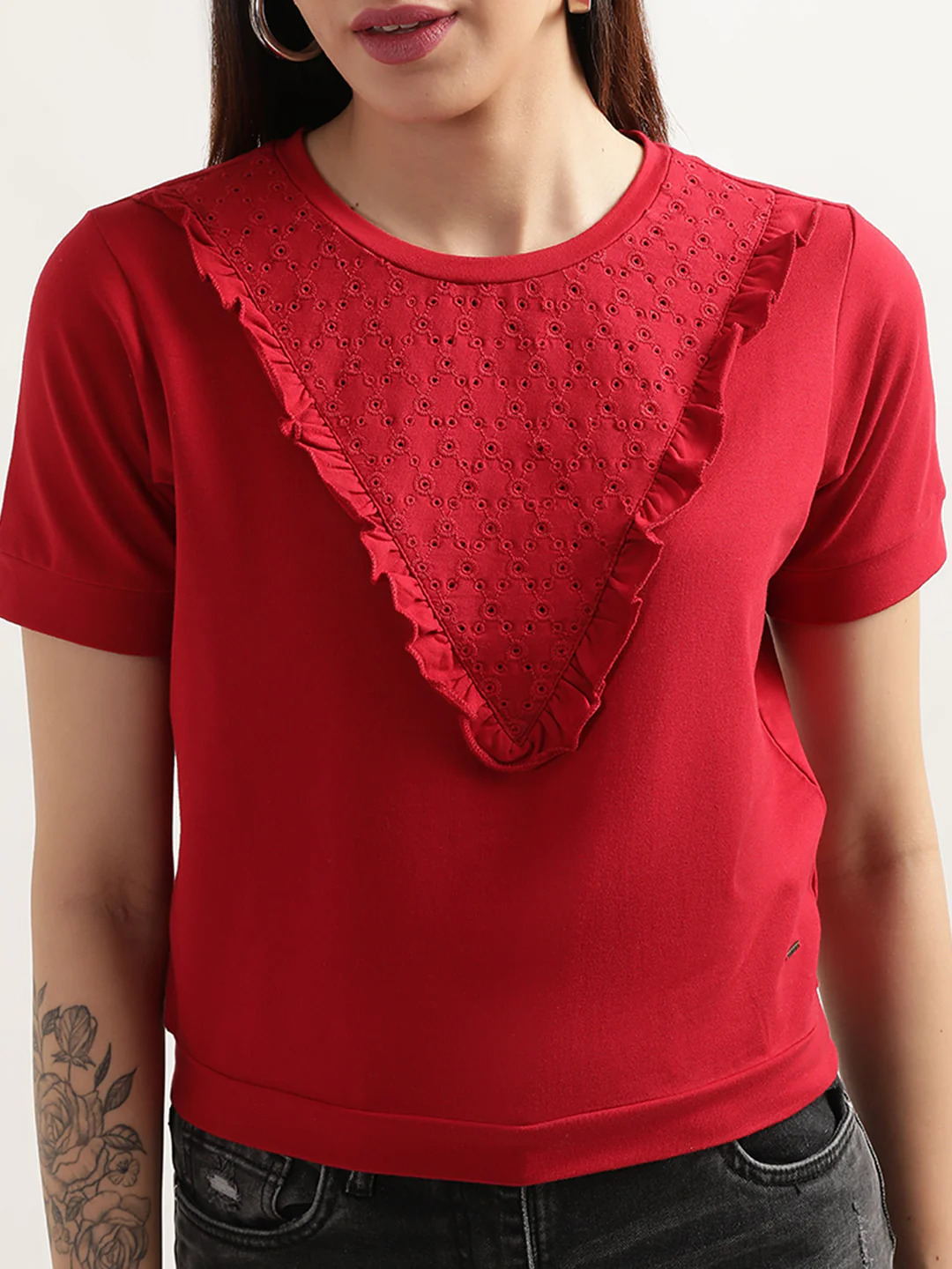 Elle Women Red Solid Round Neck Top - Image 3
