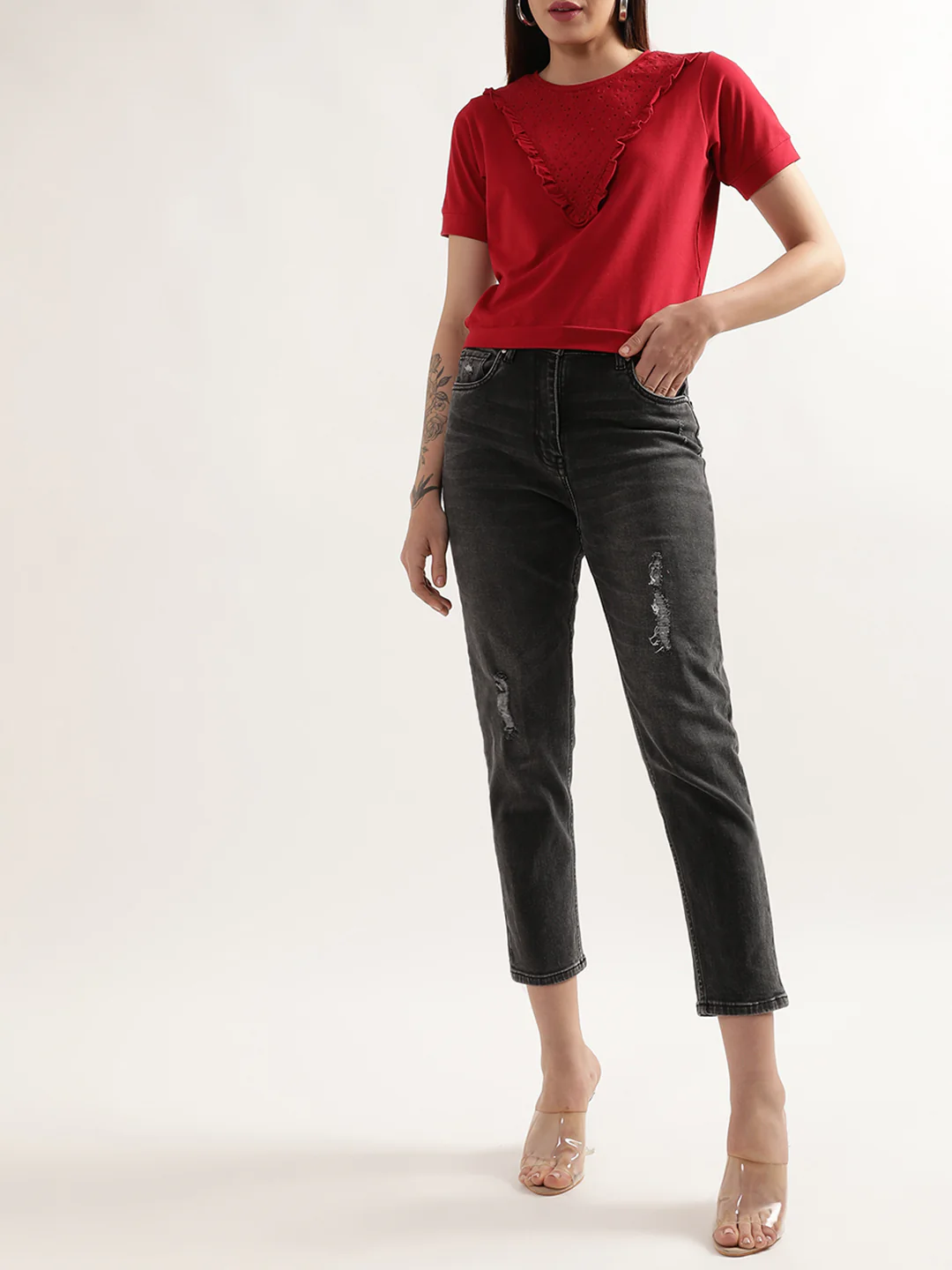 Elle Women Red Solid Round Neck Top - Image 4