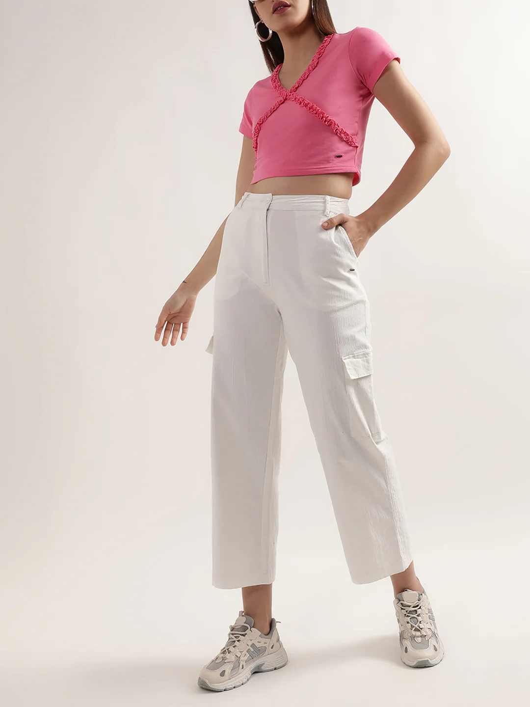 Elle Women Peach Solid V Neck TShirt - Image 4
