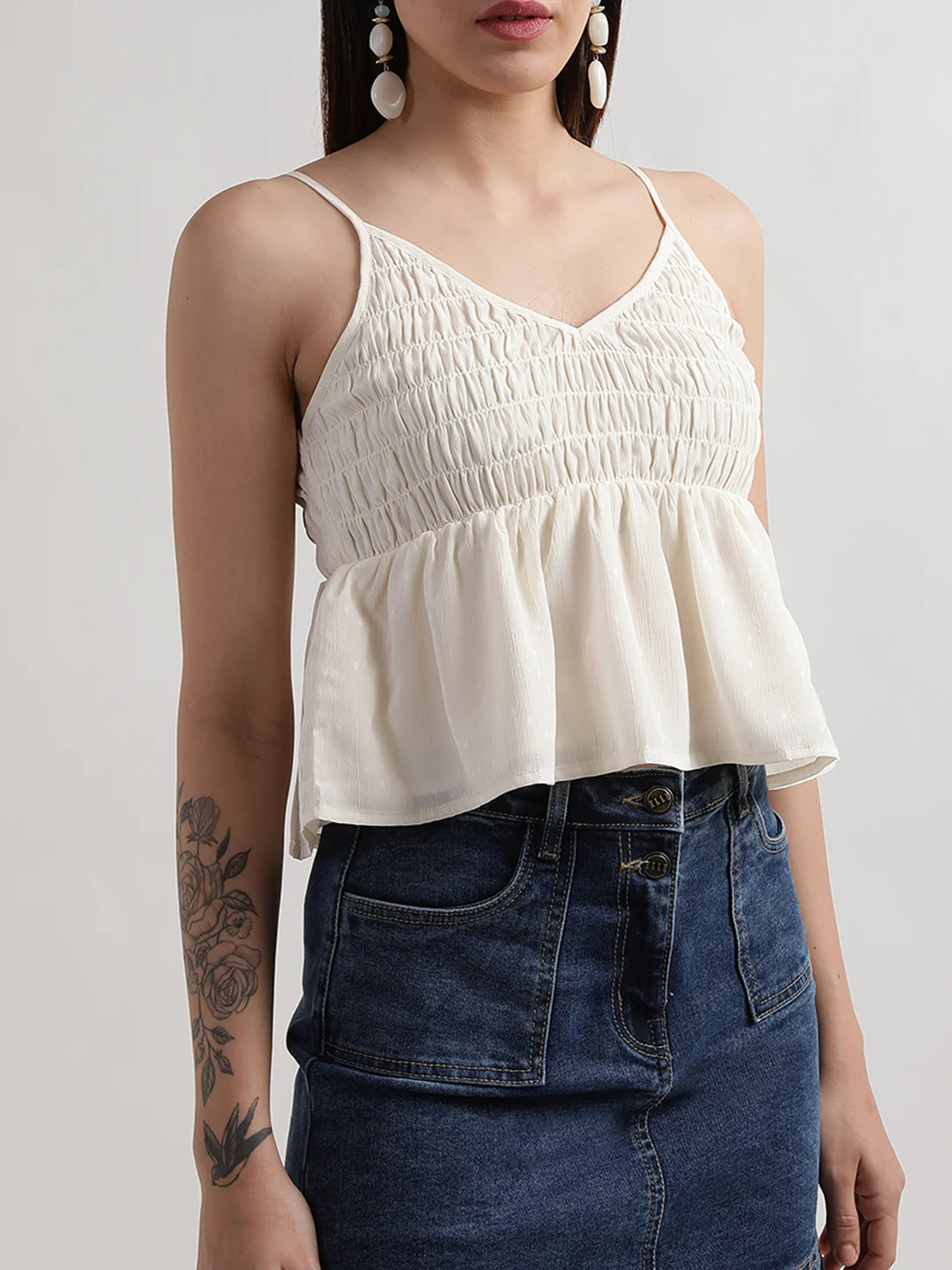 Elle Women Ecru Solid V Neck Top - Image 3