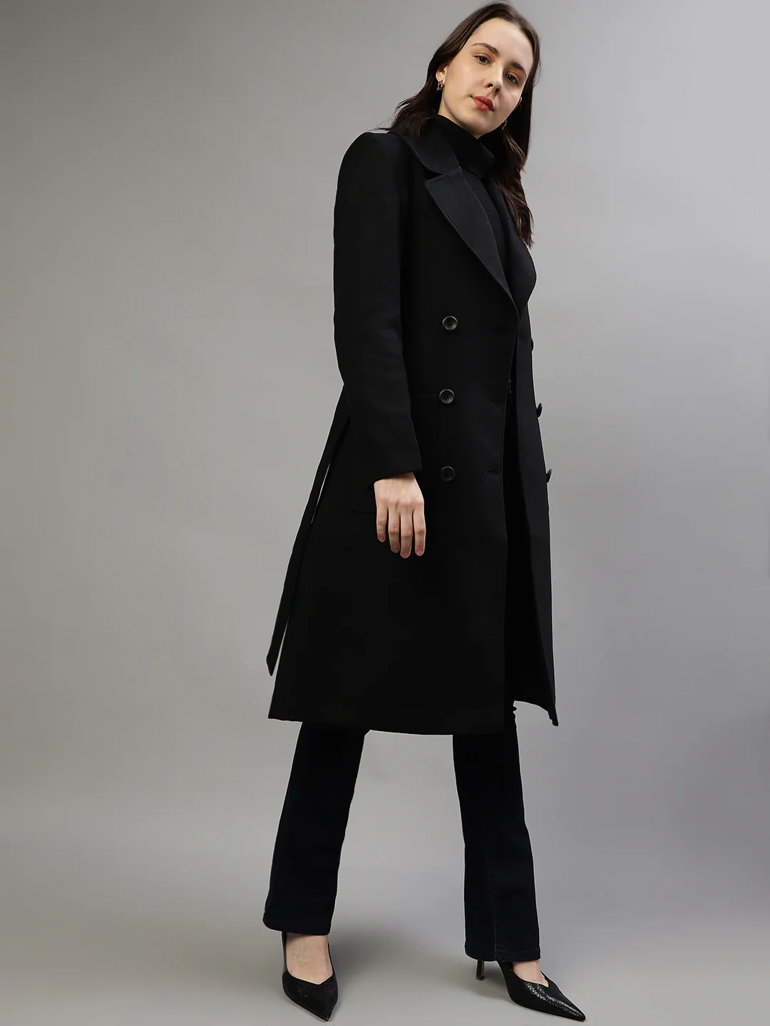Elle Women Solid Notched Lapel Full Sleeves Overcoat - Image 5