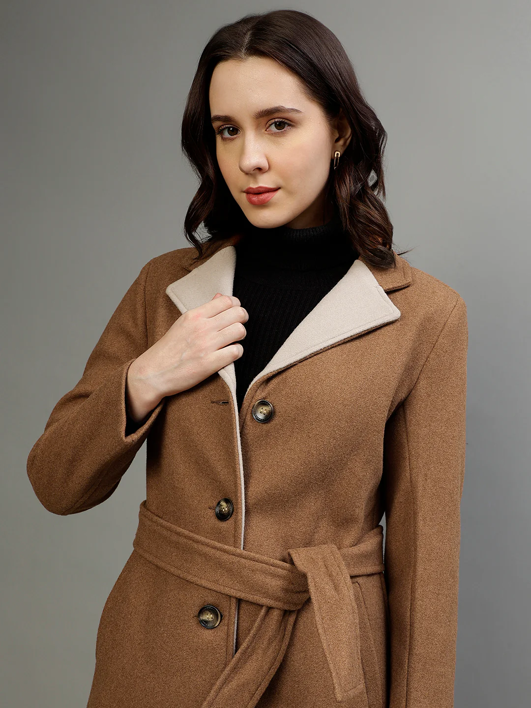 Elle Women Solid Notched Lapel Full Sleeves Overcoat - Image 6