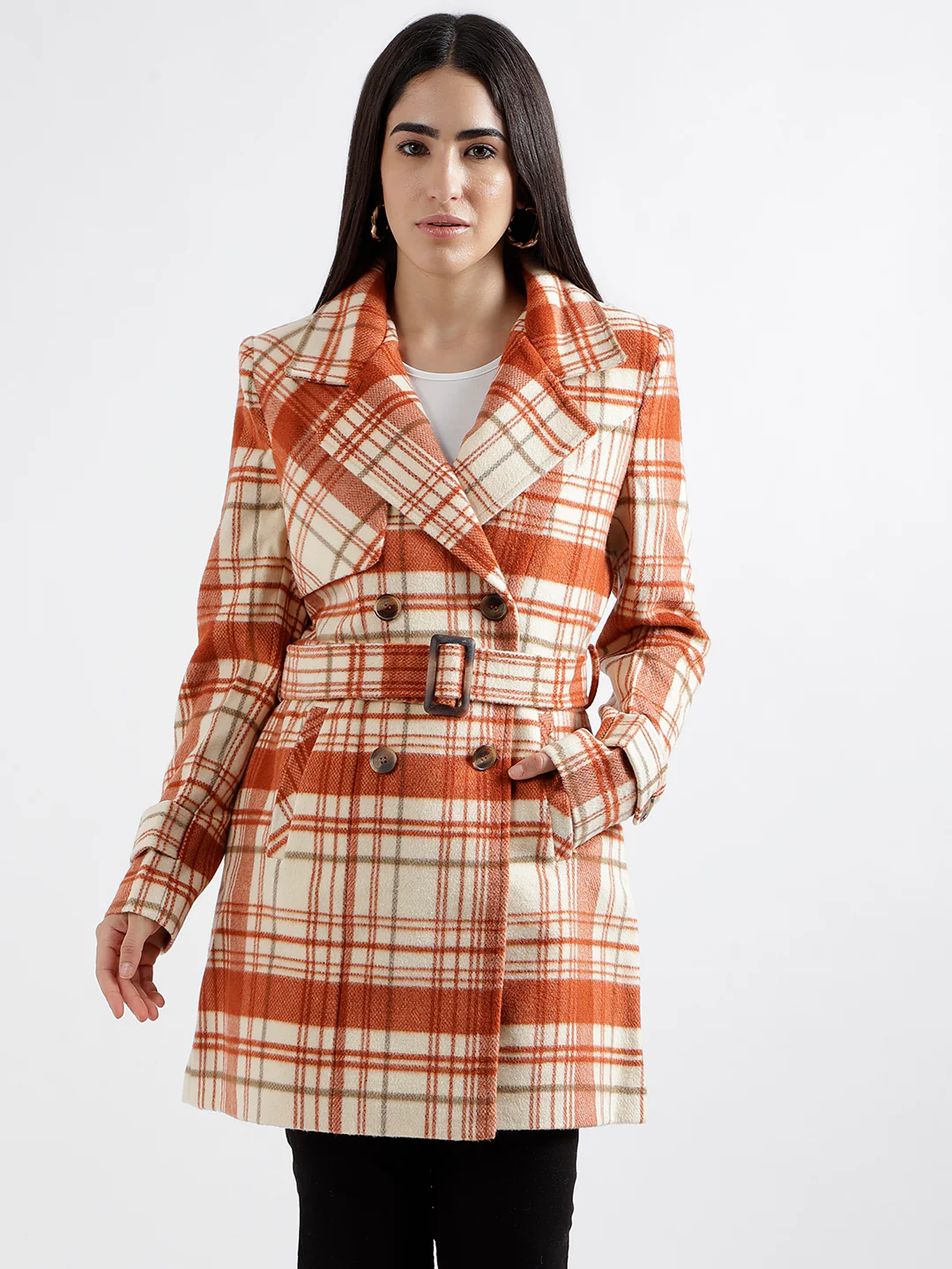 Elle Women Rust Checked Notched Collar Full Sleeves Double Breasted Overcoat