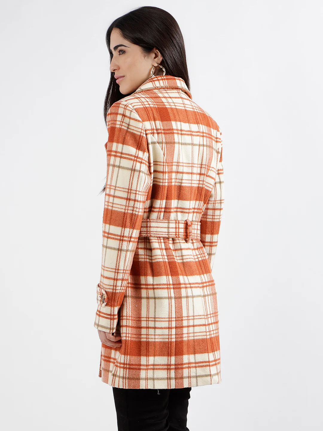 Elle Women Rust Checked Notched Collar Full Sleeves Double Breasted Overcoat - Image 3
