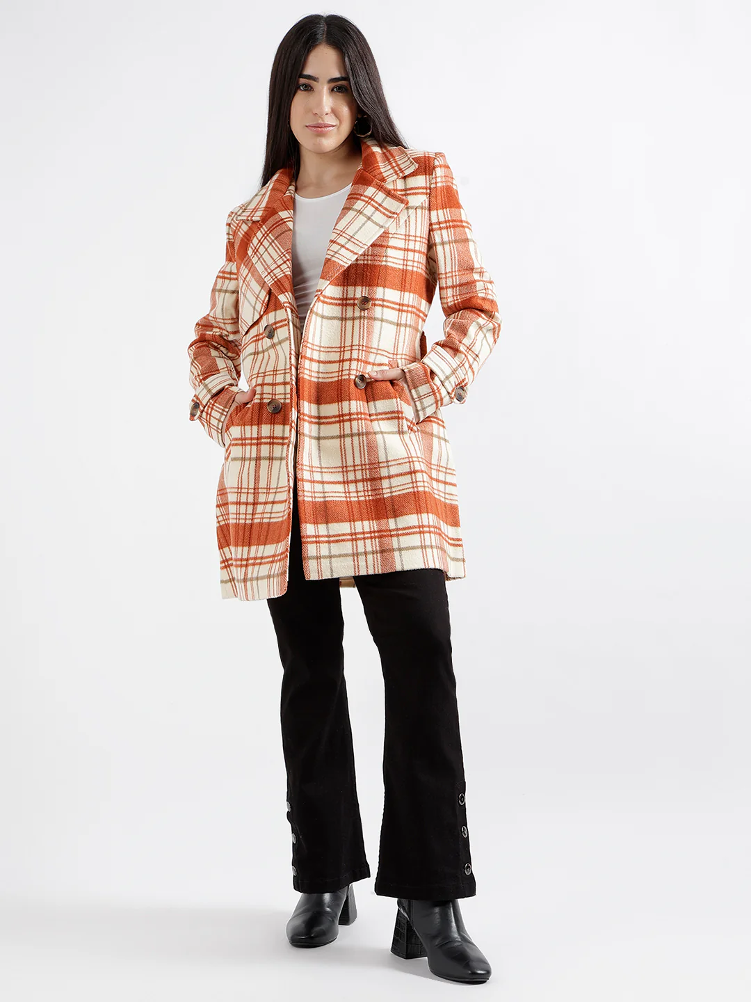 Elle Women Rust Checked Notched Collar Full Sleeves Double Breasted Overcoat - Image 4
