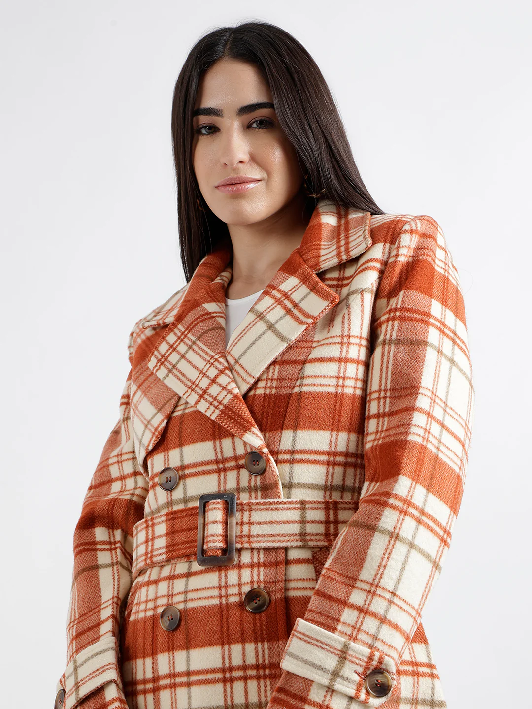 Elle Women Rust Checked Notched Collar Full Sleeves Double Breasted Overcoat - Image 5