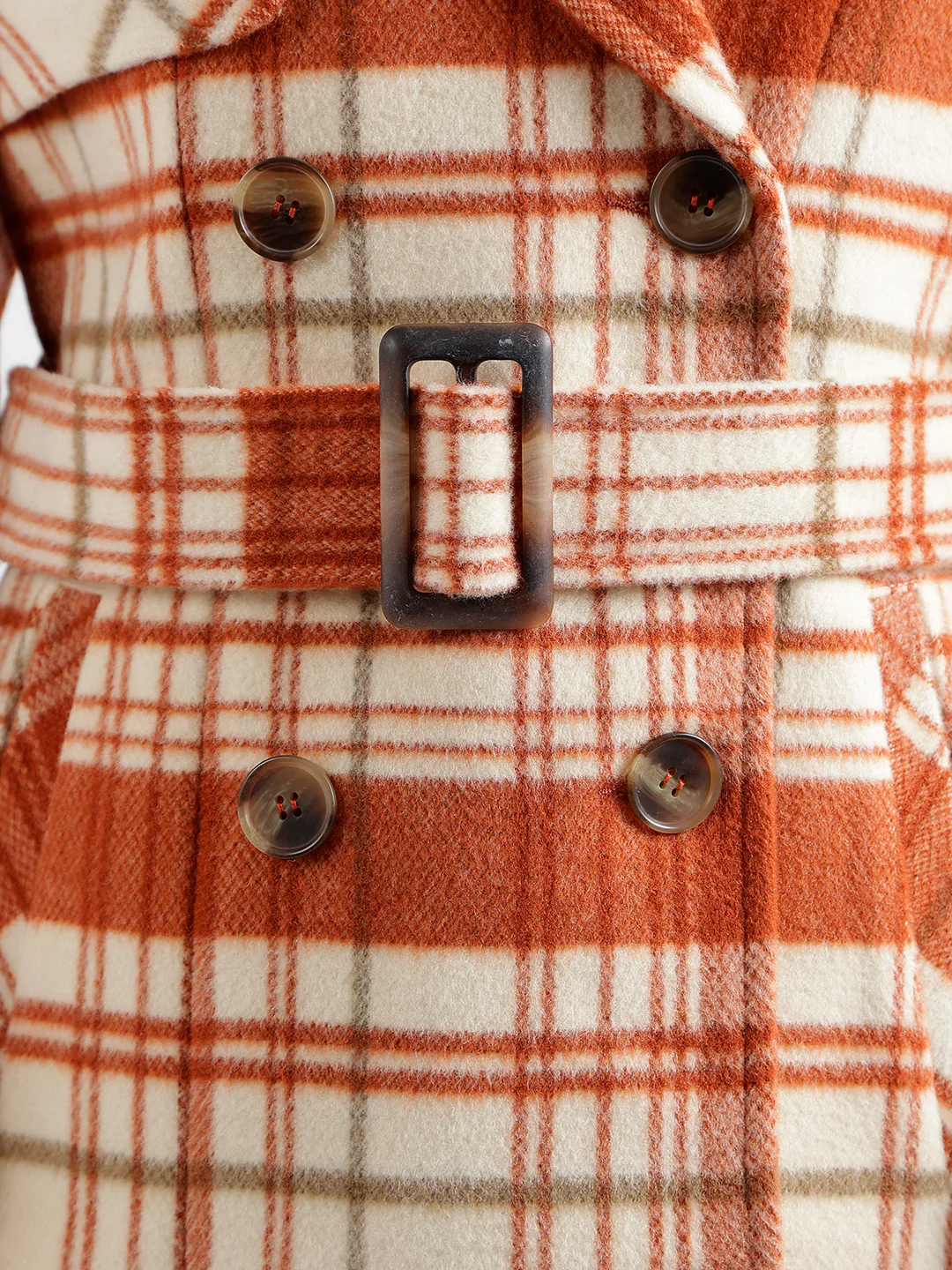 Elle Women Rust Checked Notched Collar Full Sleeves Double Breasted Overcoat - Image 7