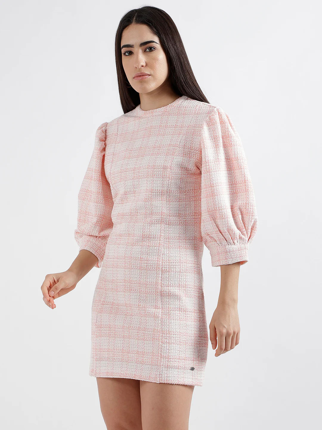 Elle Women Pink Checked Round Neck Short Sleeves Bodycon Dress - Image 2