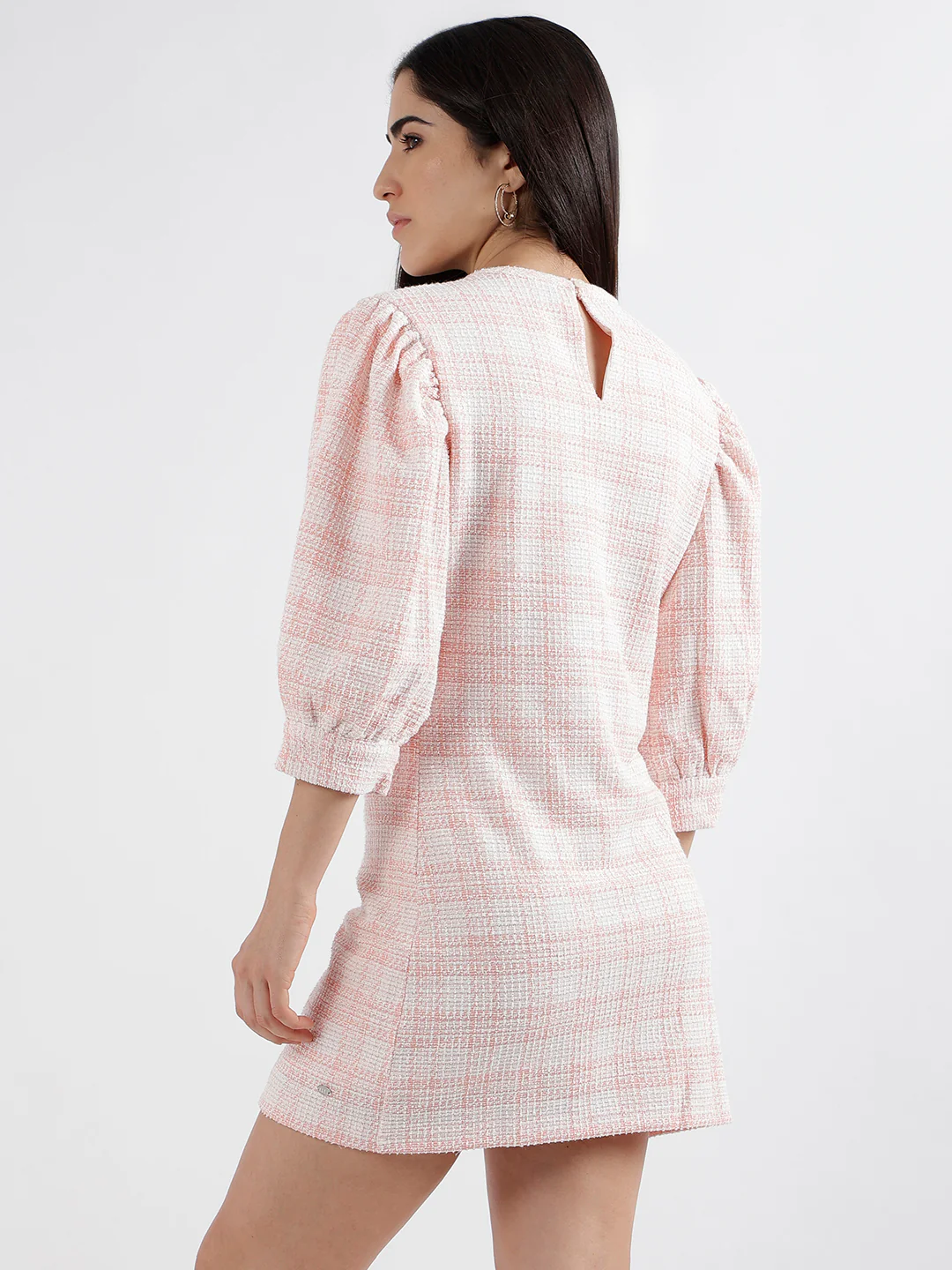 Elle Women Pink Checked Round Neck Short Sleeves Bodycon Dress - Image 3