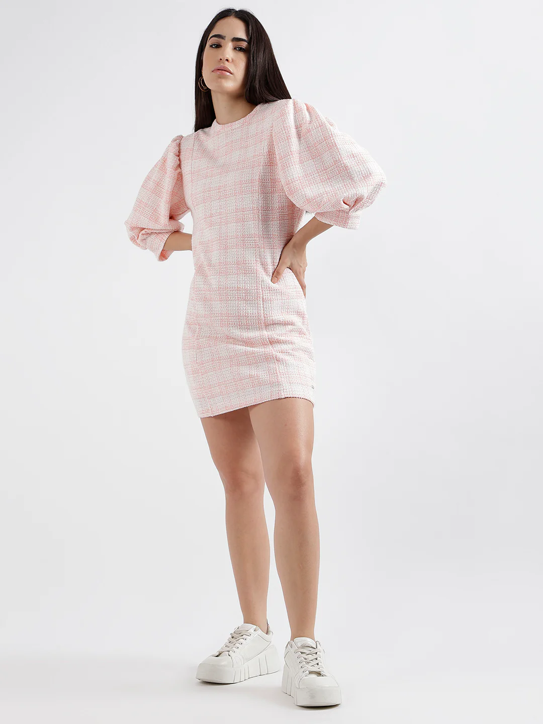 Elle Women Pink Checked Round Neck Short Sleeves Bodycon Dress - Image 4