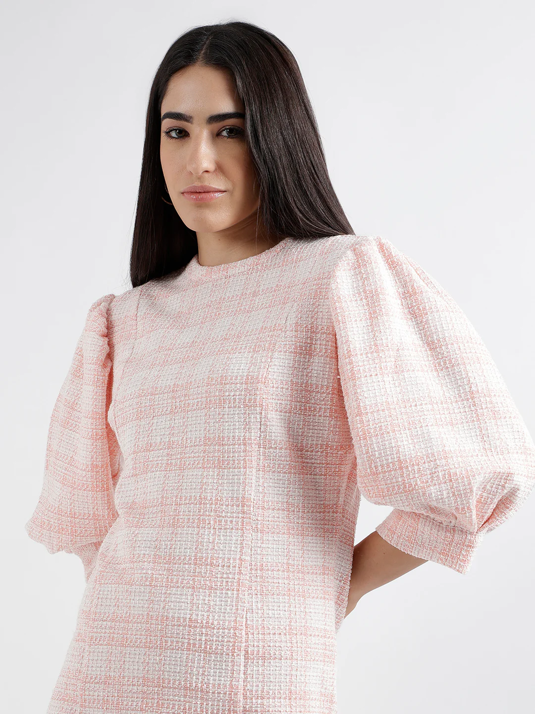 Elle Women Pink Checked Round Neck Short Sleeves Bodycon Dress - Image 5