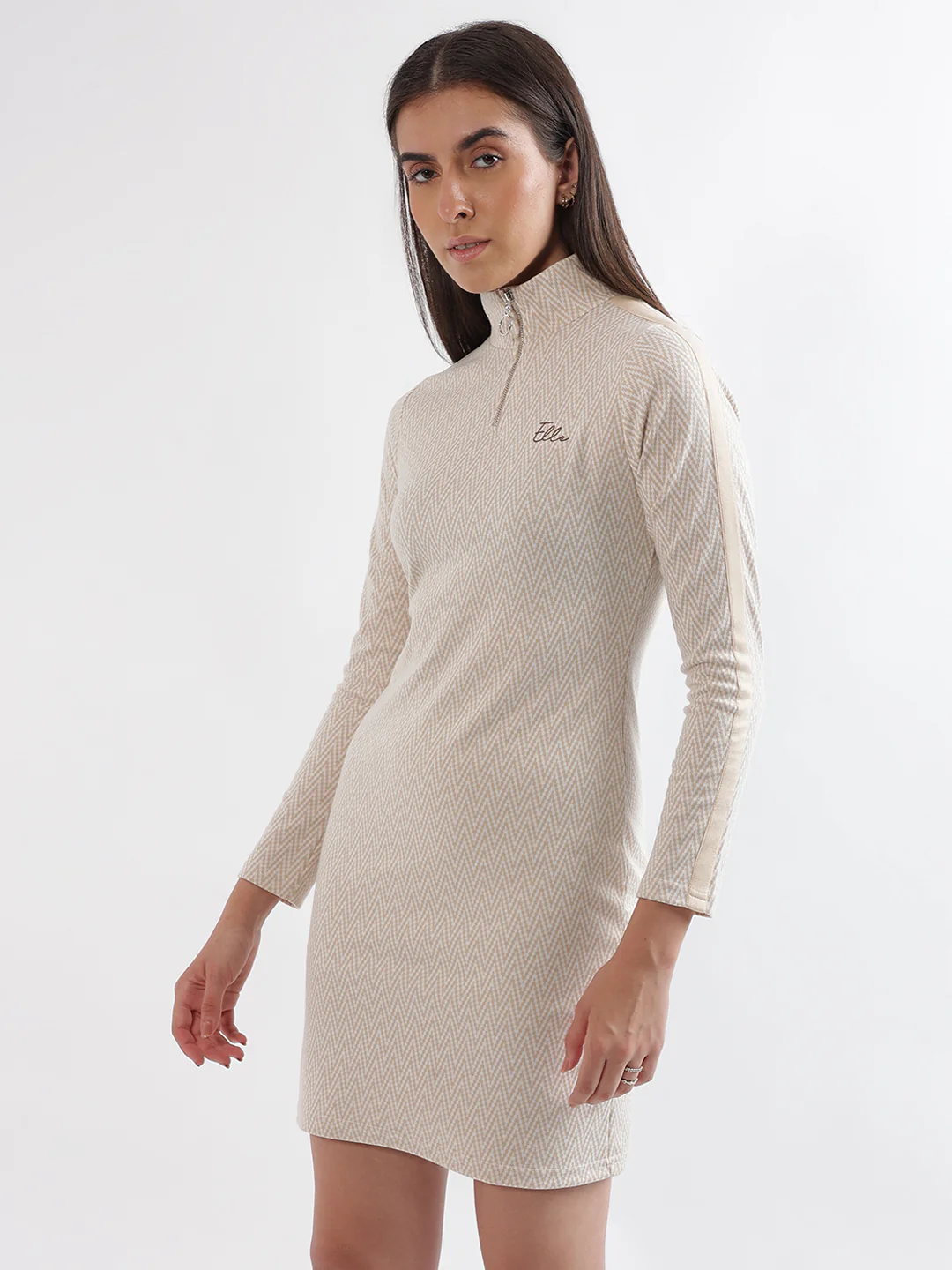 Elle Women Beige Printed High Neck Full Sleeves Bodycon Dress - Image 2