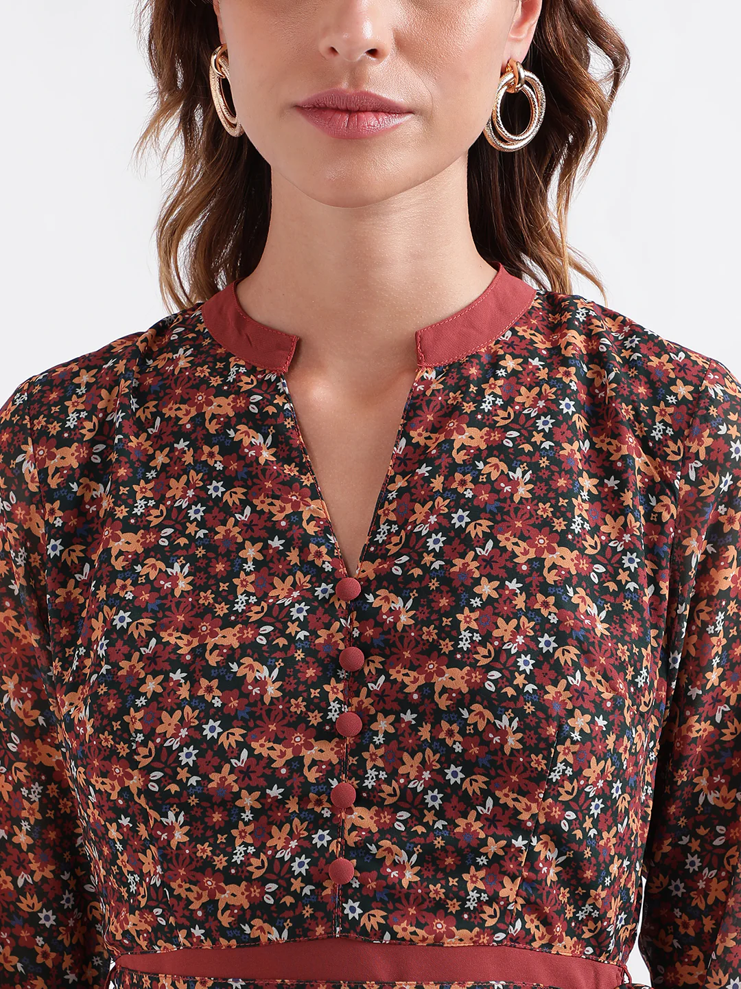 Elle Women Multi-Color Printed V-Neck Full Sleeves Fit And Flare Dress - Image 6