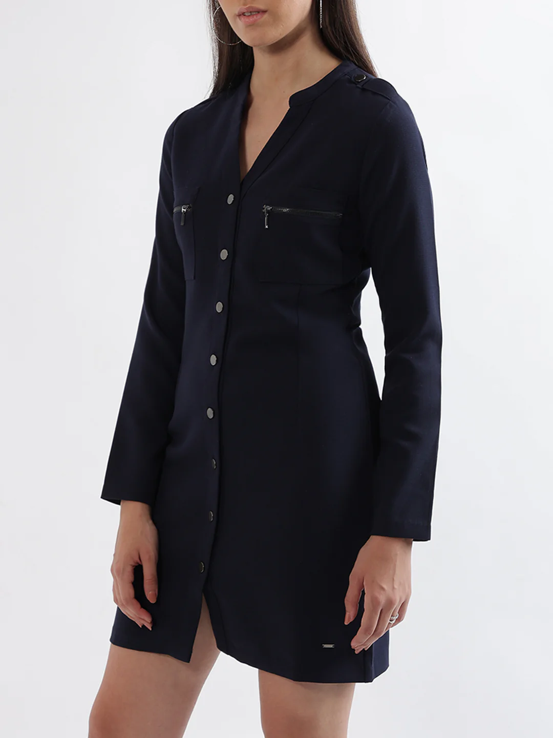 Elle Women Blue Solid Band Collar Dress - Image 2