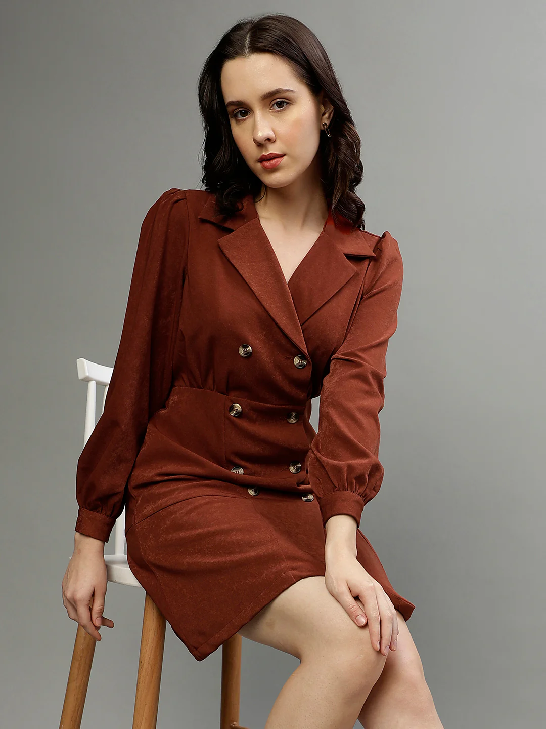 Elle Women Rust Solid Notched Collar Full Sleeves A-Line Dress - Image 3