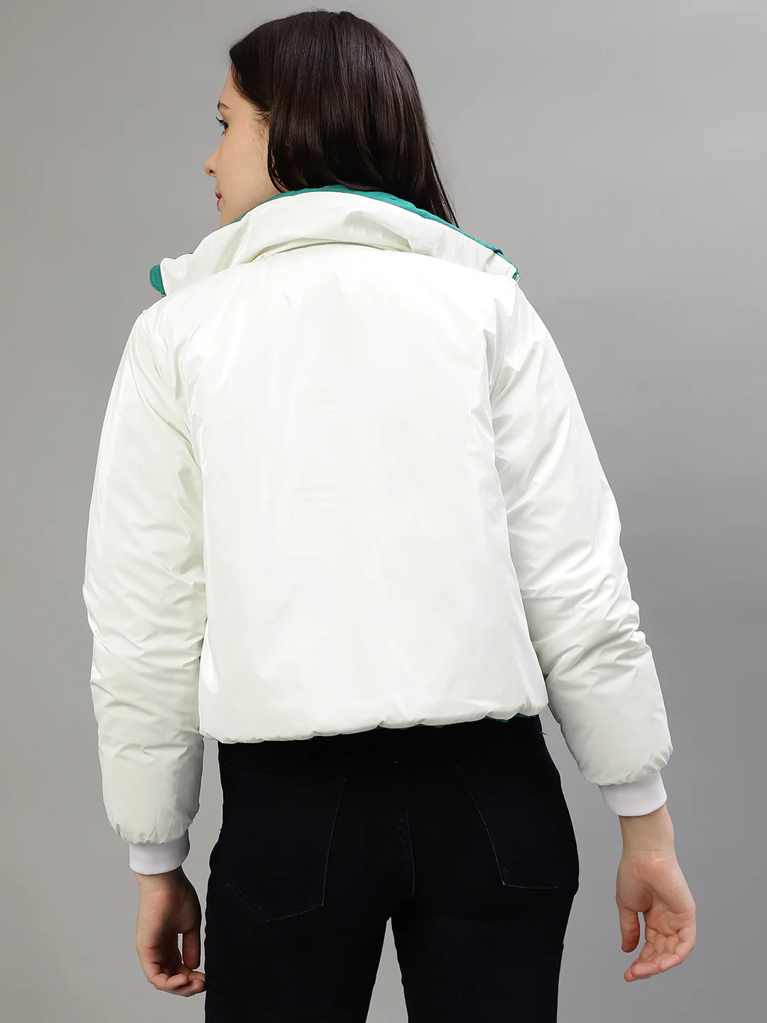 Elle Women Green Self-Design Stand Collar Full Sleeves Reversible Jacket - Image 6