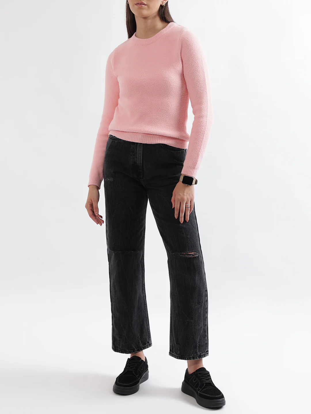 Elle Women Pink Solid Round Neck Sweater - Image 4