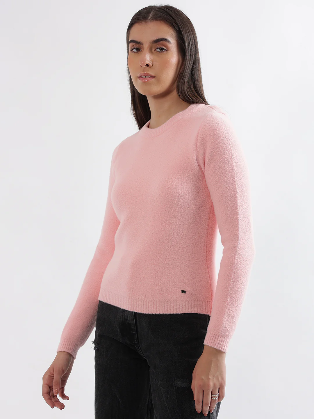 Elle Women Pink Solid Round Neck Full Sleeves Pullover Style Sweater - Image 2