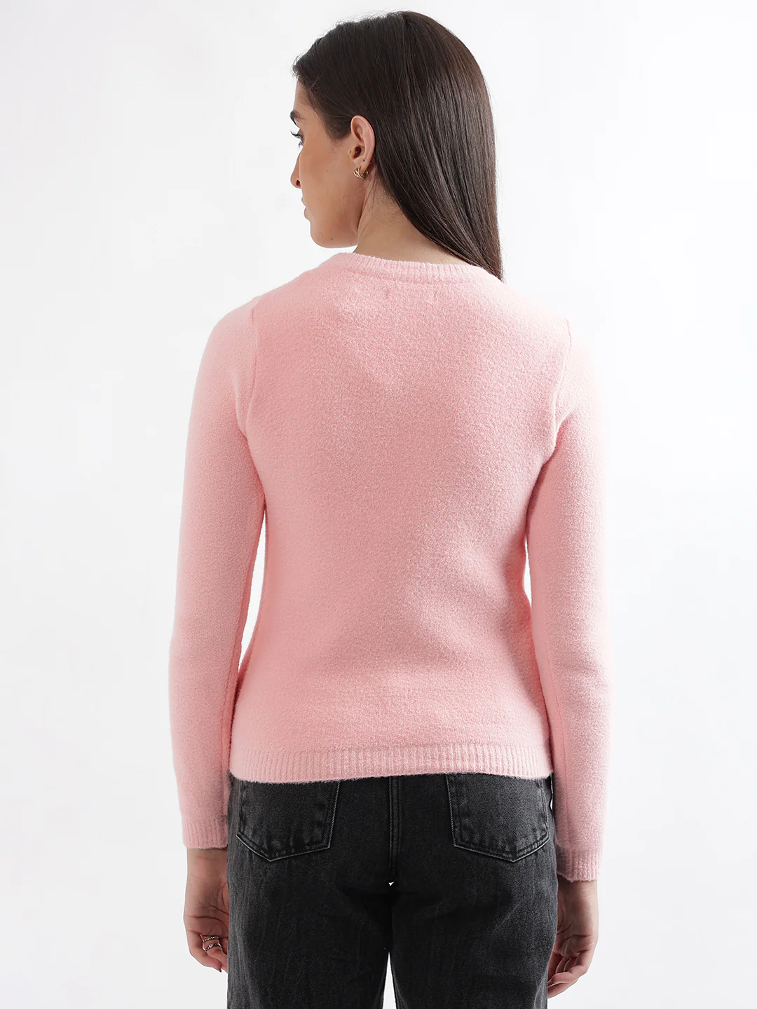 Elle Women Pink Solid Round Neck Full Sleeves Pullover Style Sweater - Image 3
