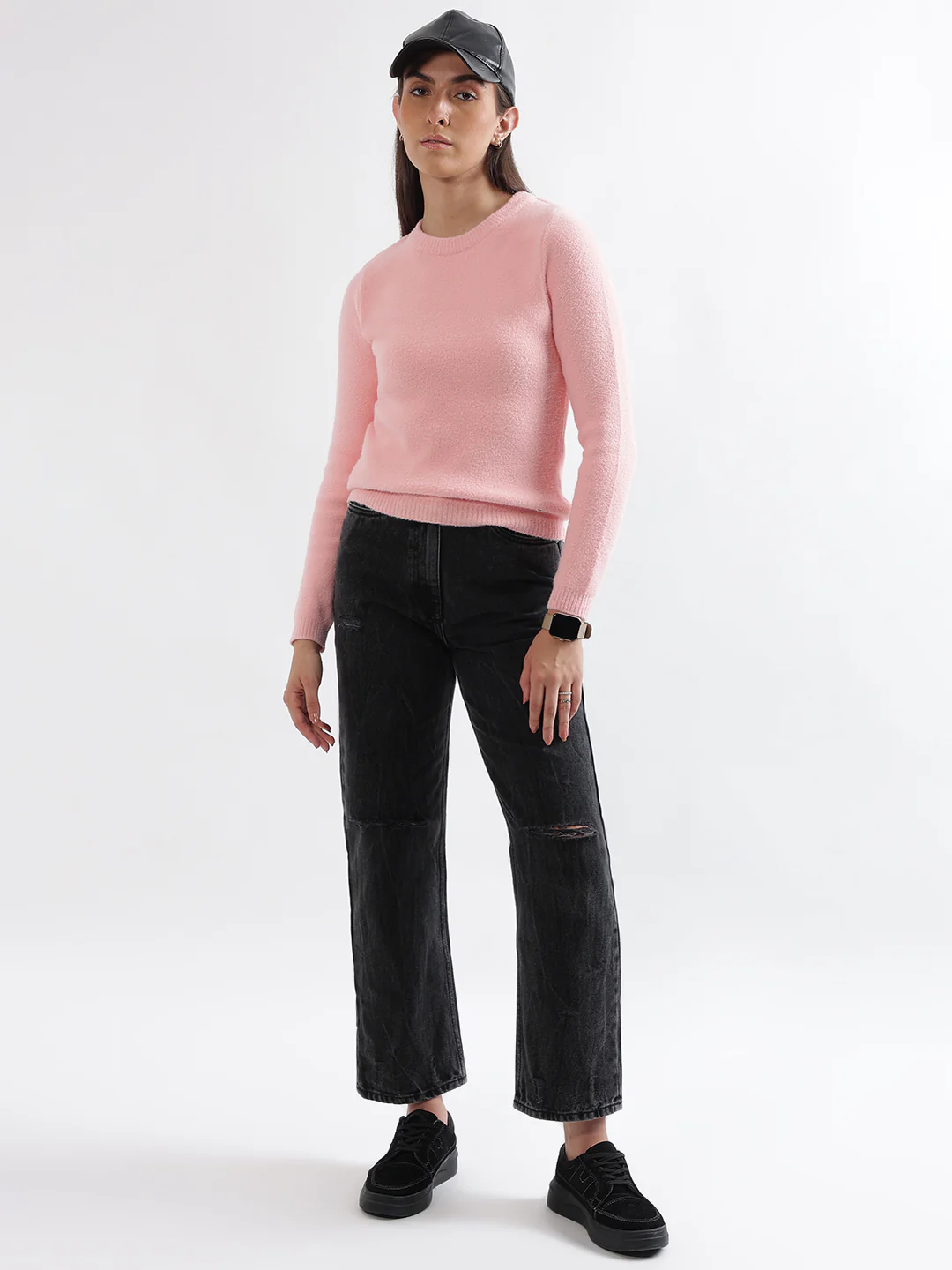 Elle Women Pink Solid Round Neck Full Sleeves Pullover Style Sweater - Image 4