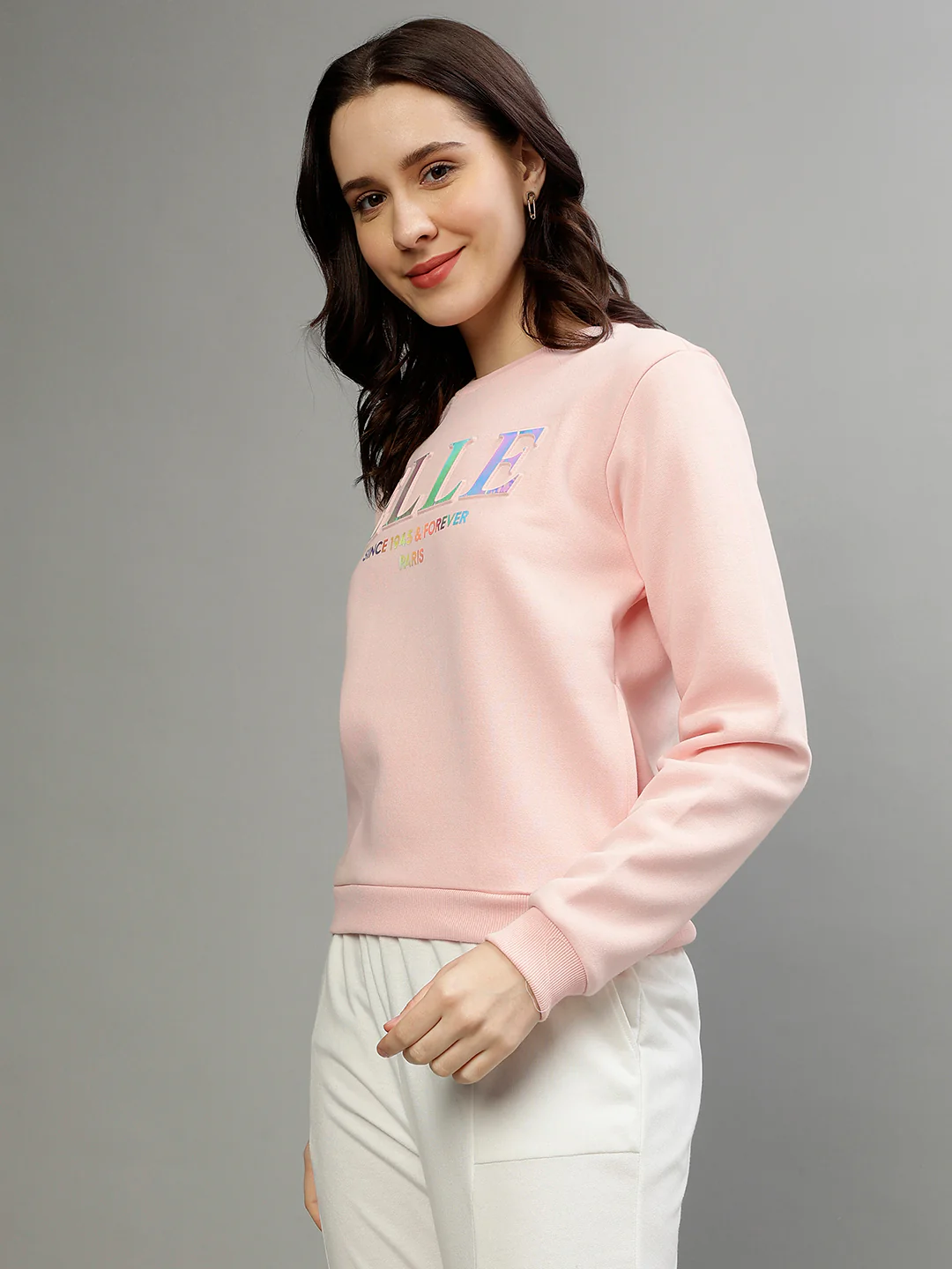 Elle Women Pink Solid Round Neck Full Sleeves Pullover Style Sweatshirt - Image 3