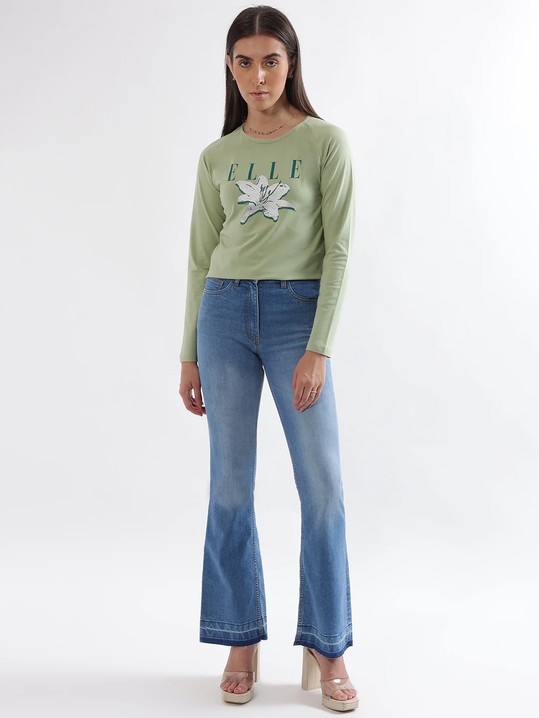 Elle Women Green Printed Round Neck Full Sleeves Tshirt - Image 4