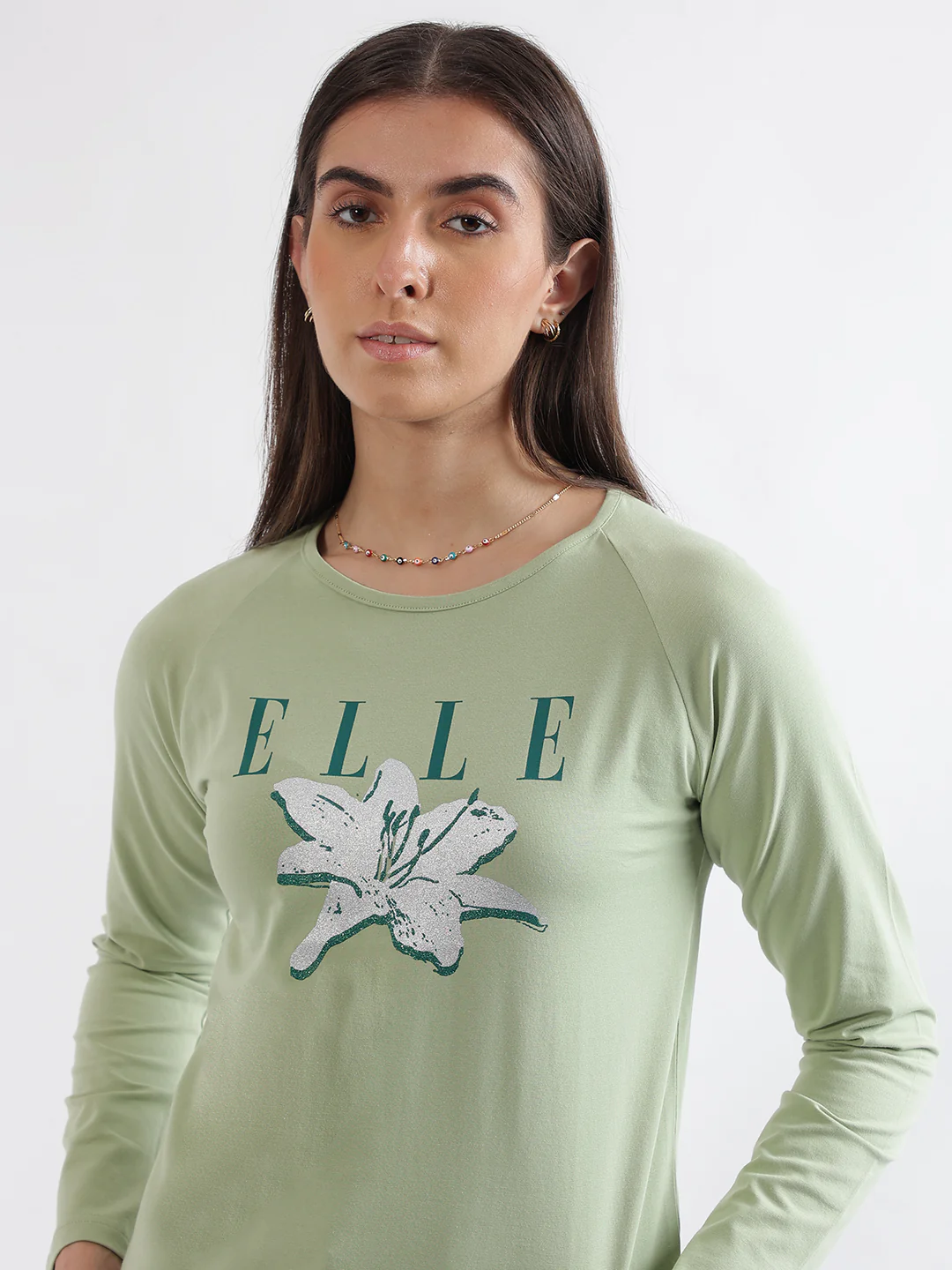 Elle Women Green Printed Round Neck Full Sleeves Tshirt - Image 5