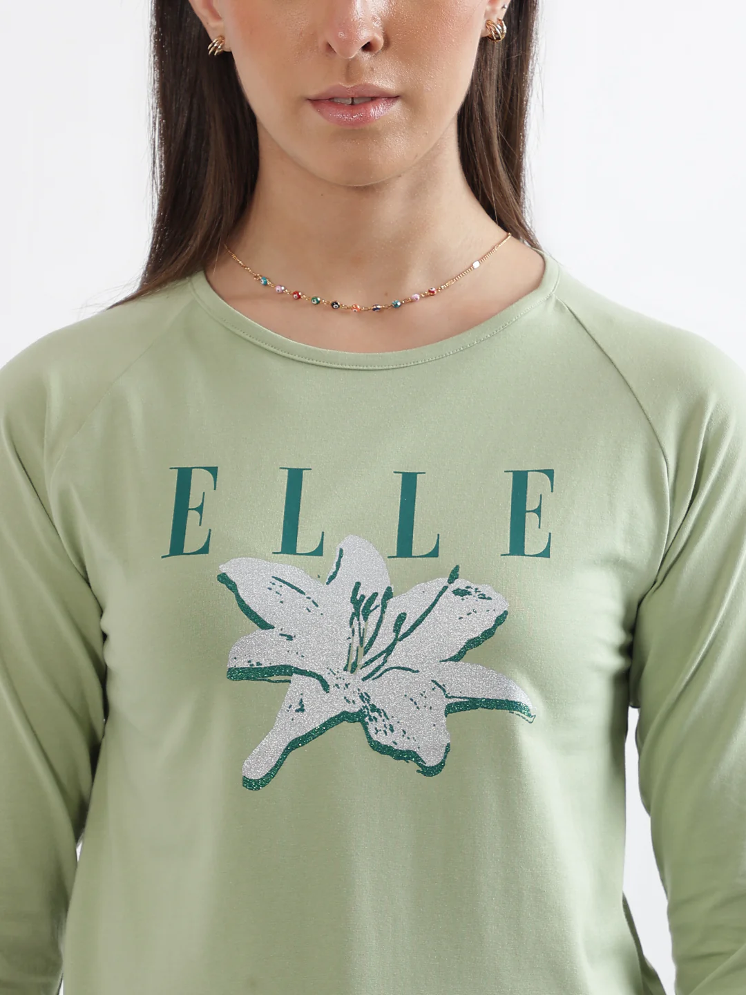 Elle Women Green Printed Round Neck Full Sleeves Tshirt - Image 6