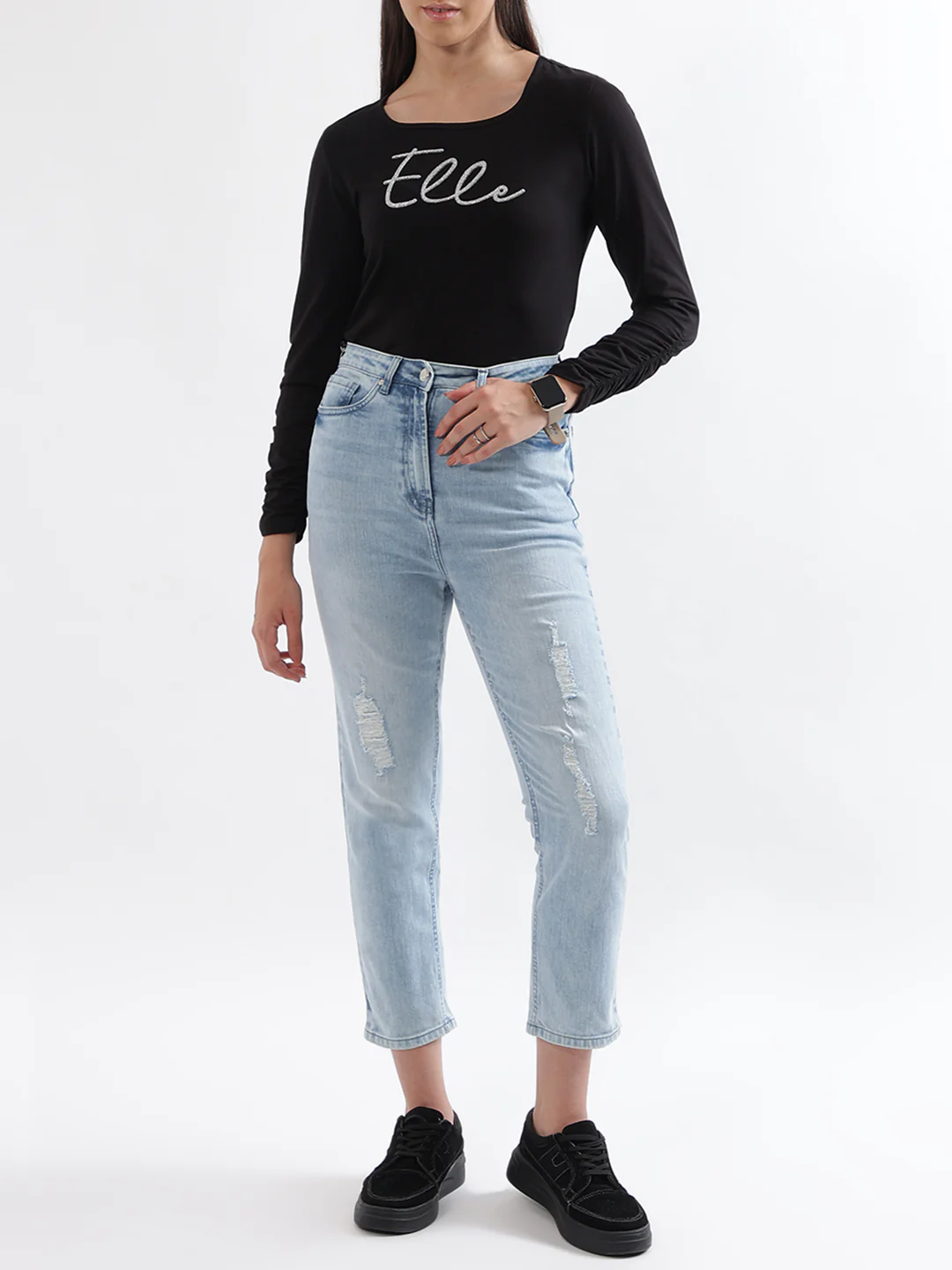 Elle Women Black Solid Square Neck Top - Image 4