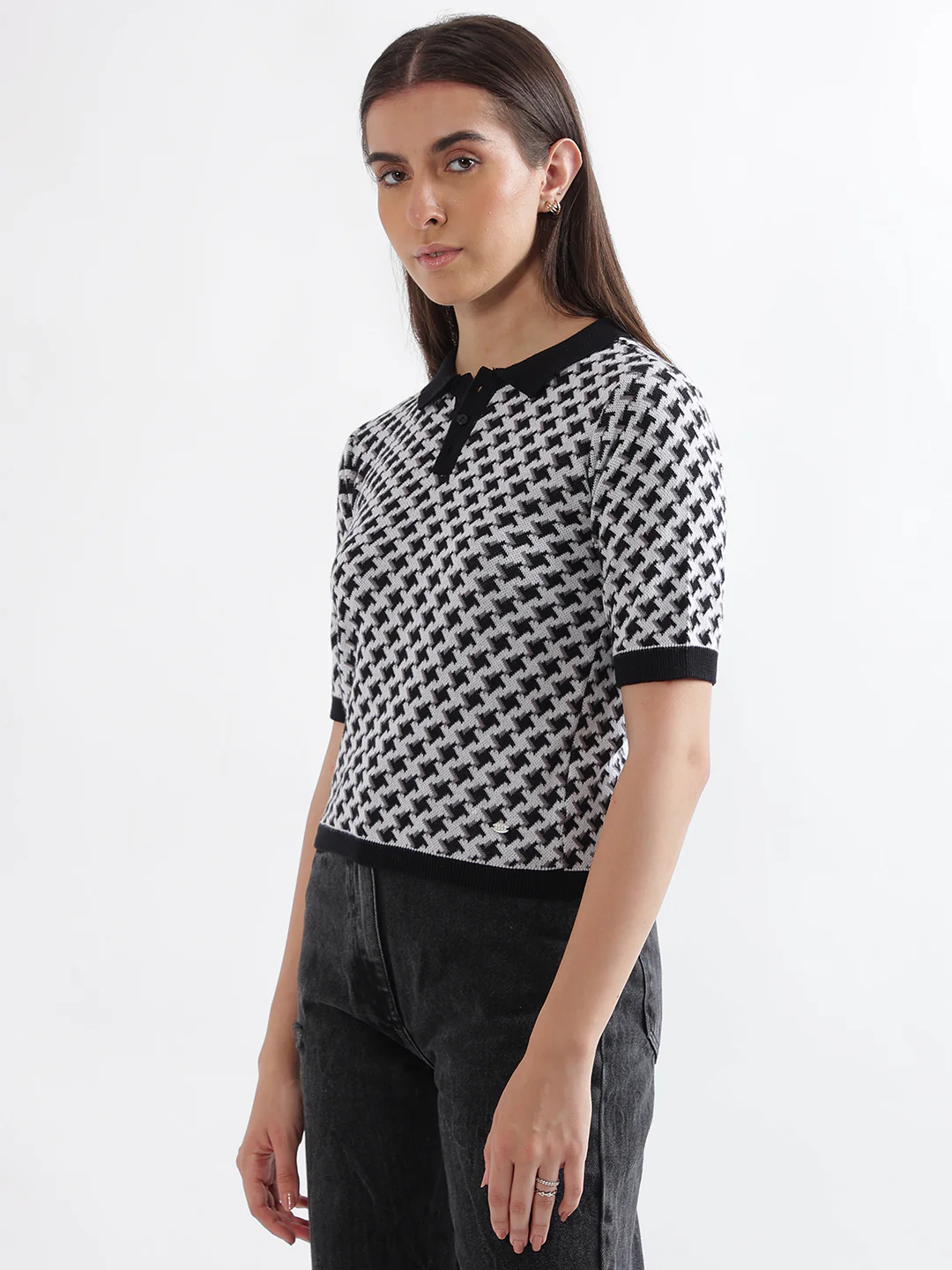 Elle Women Black Printed Polo Collar Short Sleeves Tshirt - Image 2