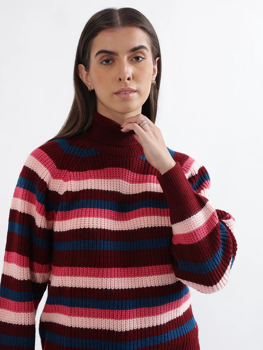 Elle Women Multi-Color Striped Turtle Neck Full Sleeves Pullover Style Sweater - Image 5