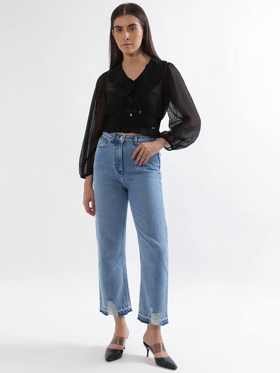 Elle Women Black Solid Peter Pan Collar Full Sleeves Top - Image 4