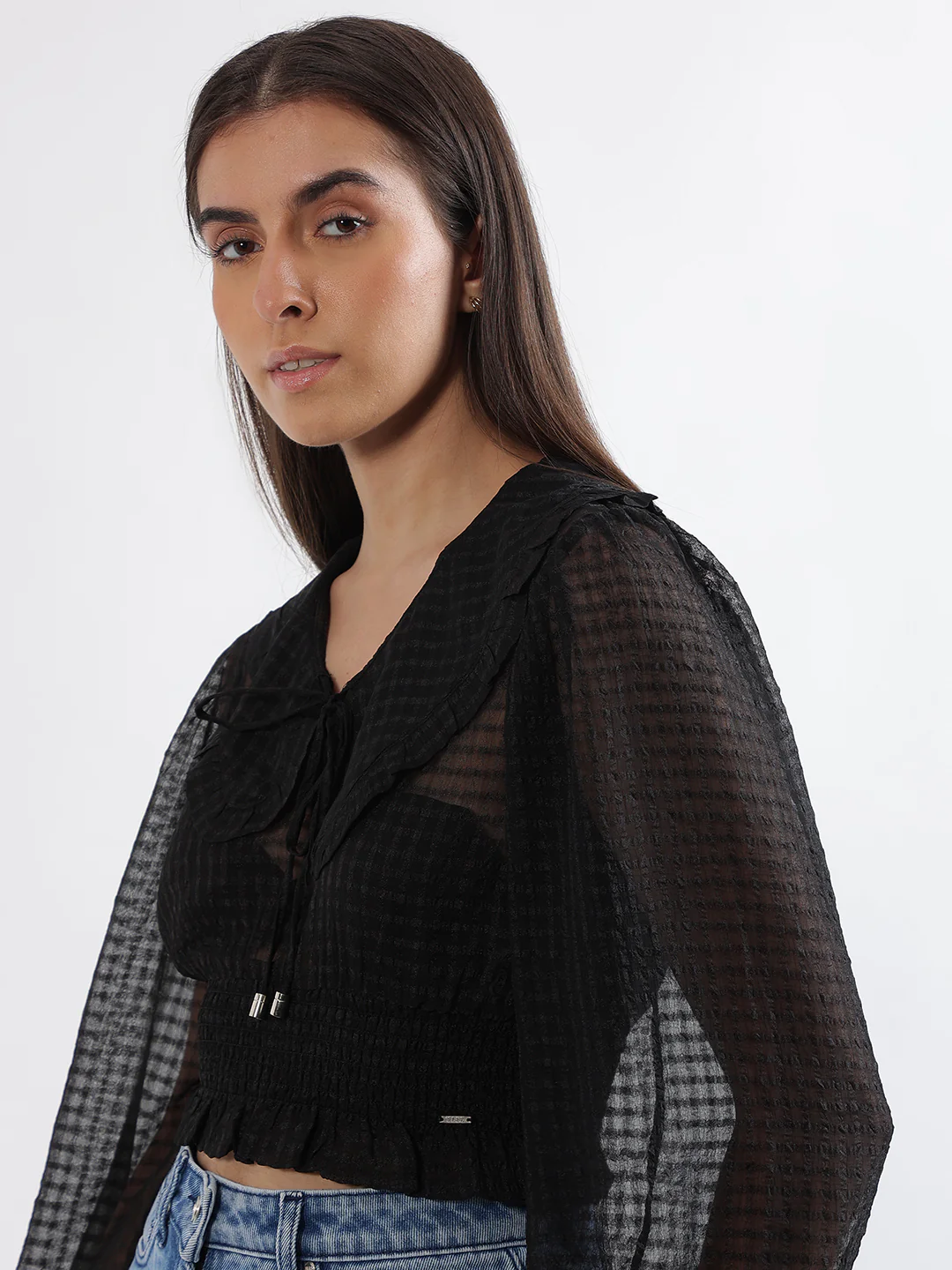 Elle Women Black Solid Peter Pan Collar Full Sleeves Top - Image 5