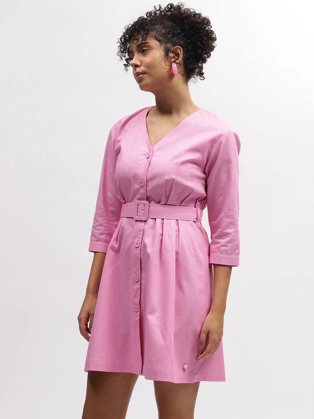 Elle Women Pink Solid V Neck 3/4Th Sleeves Dress - Image 3