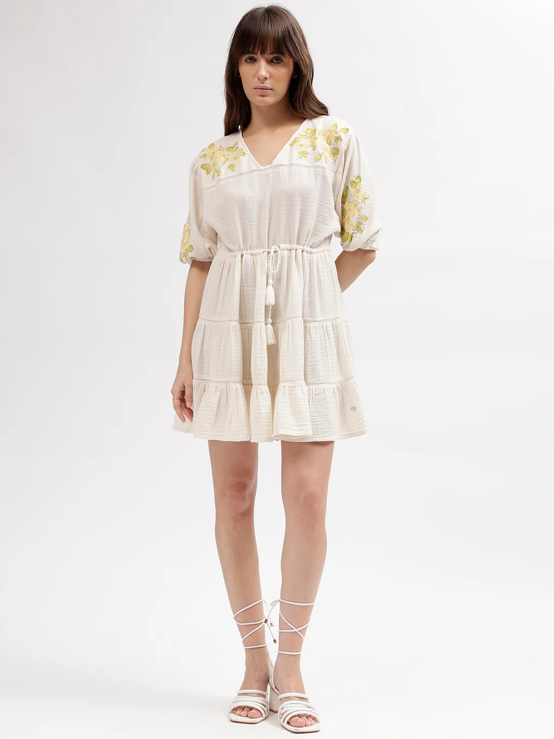 Elle Women Off White Embroidered V Neck 3/4th Sleeves Dress - Image 4