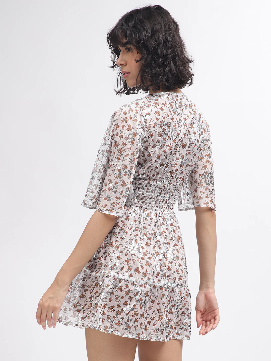 Elle Women Off White Printed V-Neck Short Sleeves Dress - Image 3