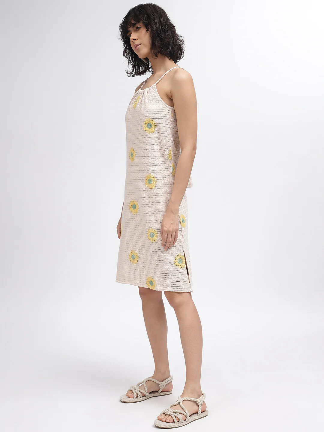 Elle Women Beige Self-Design Square Neck Shoulder Straps Dress - Image 2
