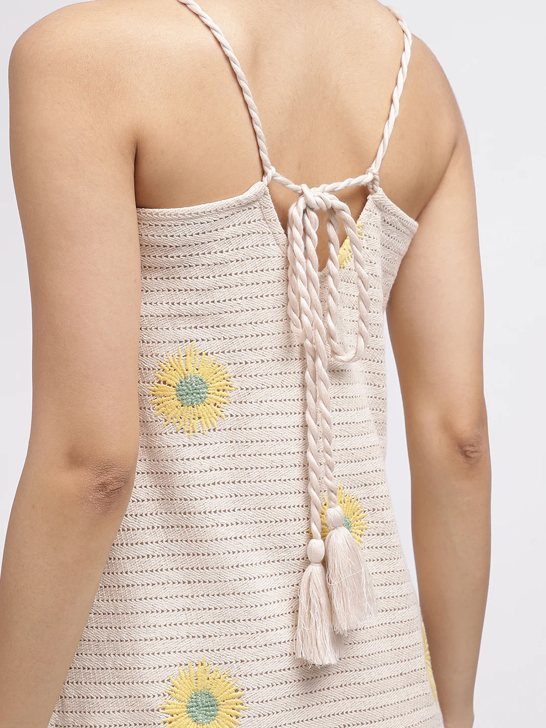 Elle Women Beige Self-Design Square Neck Shoulder Straps Dress - Image 5