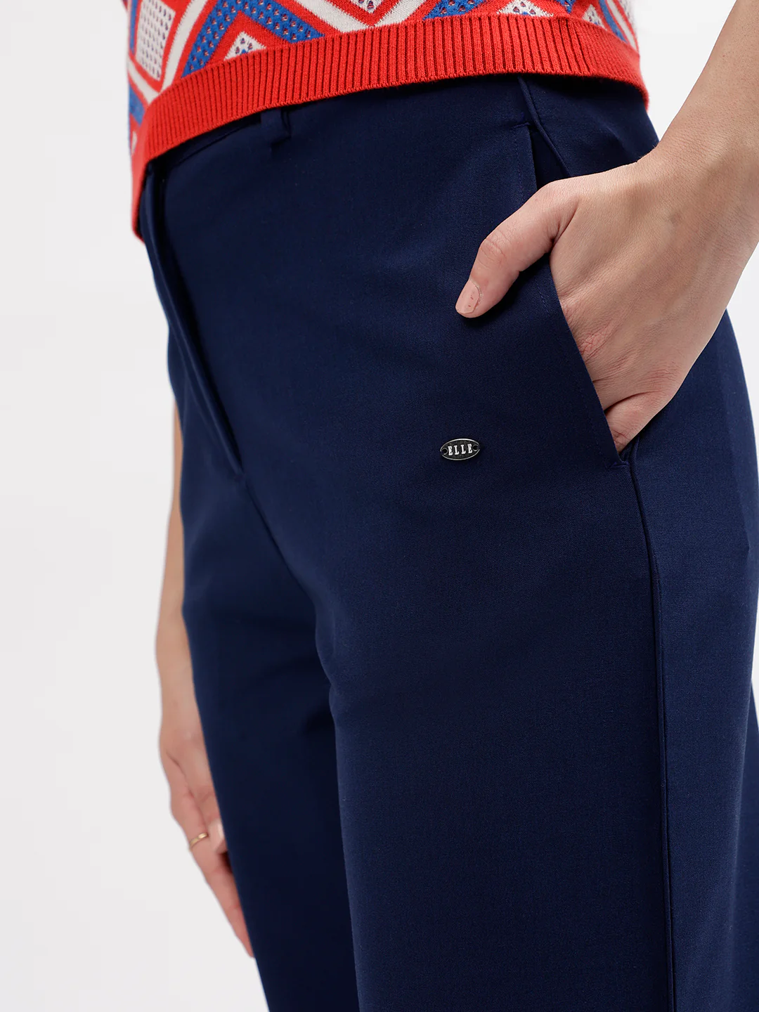 Elle Women Navy Blue Solid Straight Fit Mid-Rise Trouser - Image 5