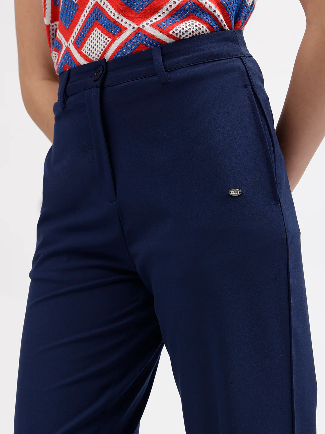 Elle Women Navy Blue Solid Straight Fit Mid-Rise Trouser - Image 6