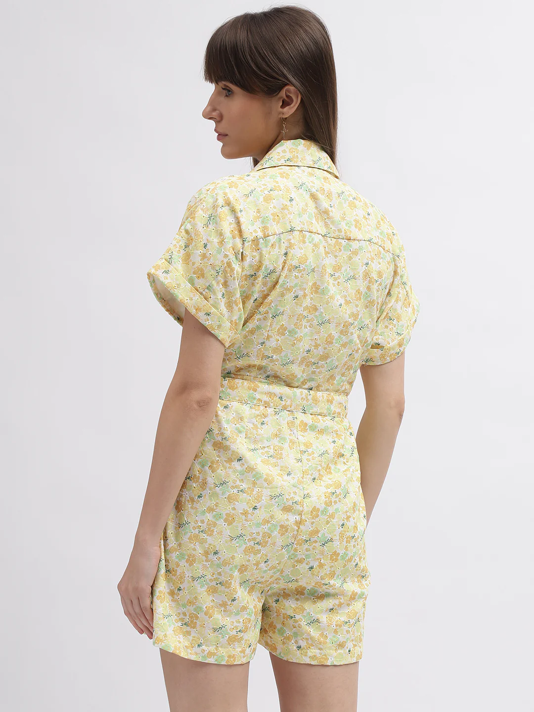 Elle Women Yellow Printed Cuban Collar Short Sleeves Playsuit - Image 3