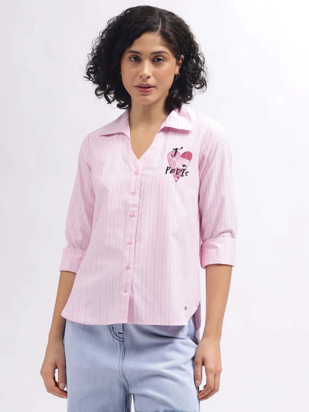 Elle Women Pink Striped Spread Collar Full Sleeves Shirt - Image 7
