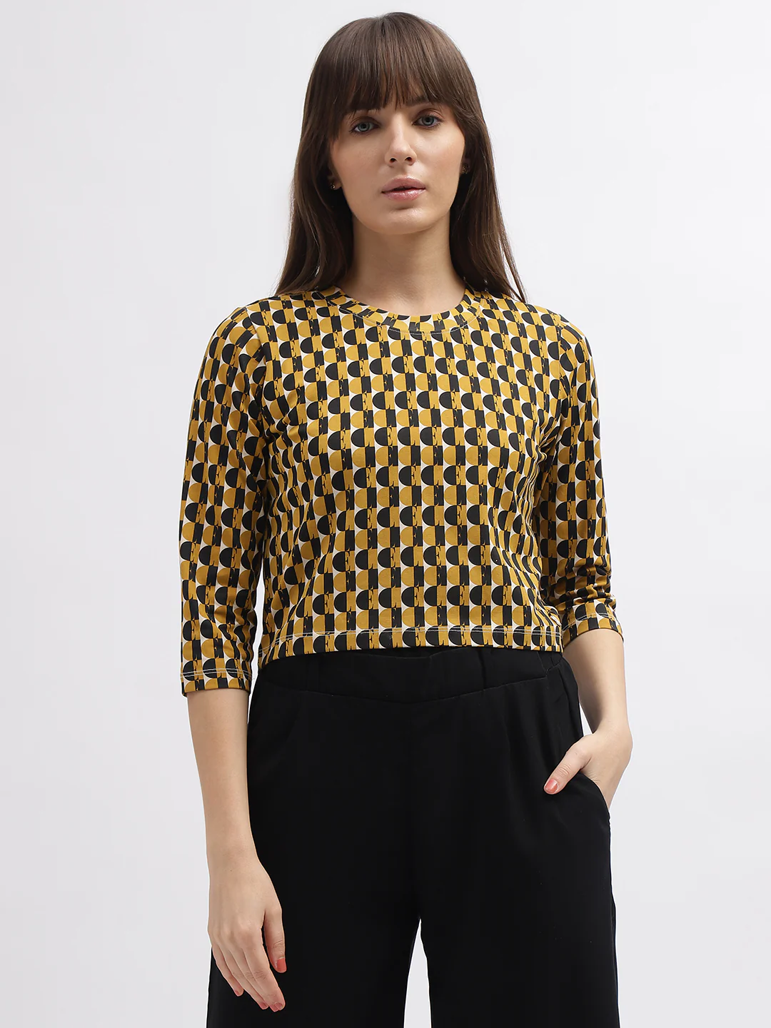 Elle Women Mustard Printed Round Neck 3/4th Sleeves Tshirt