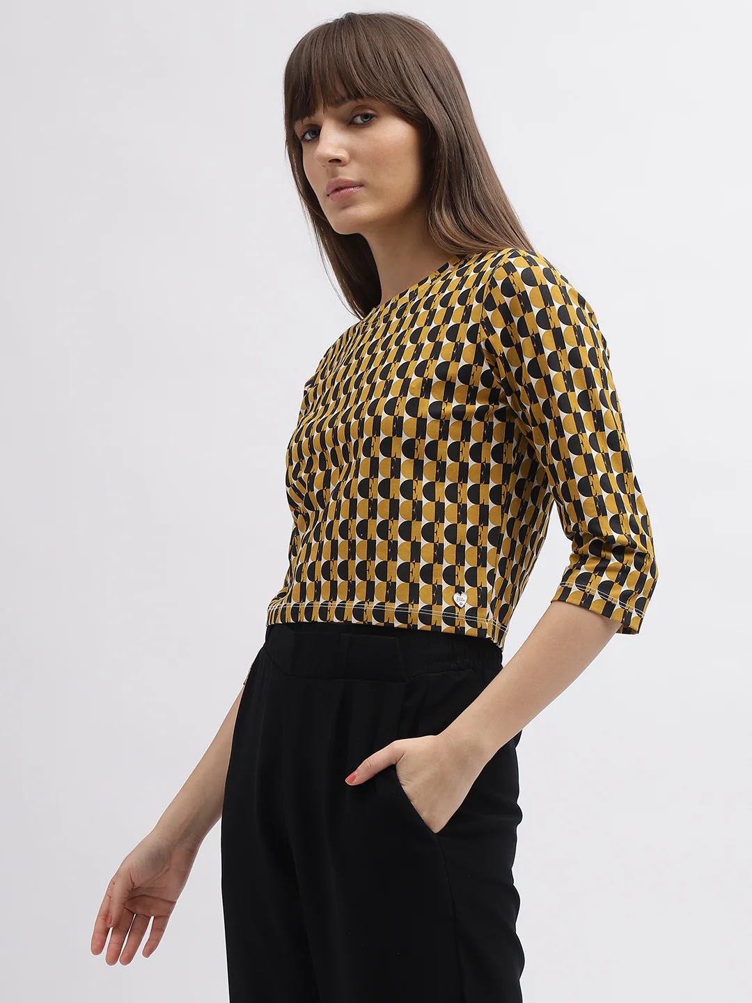 Elle Women Mustard Printed Round Neck 3/4th Sleeves Tshirt - Image 2