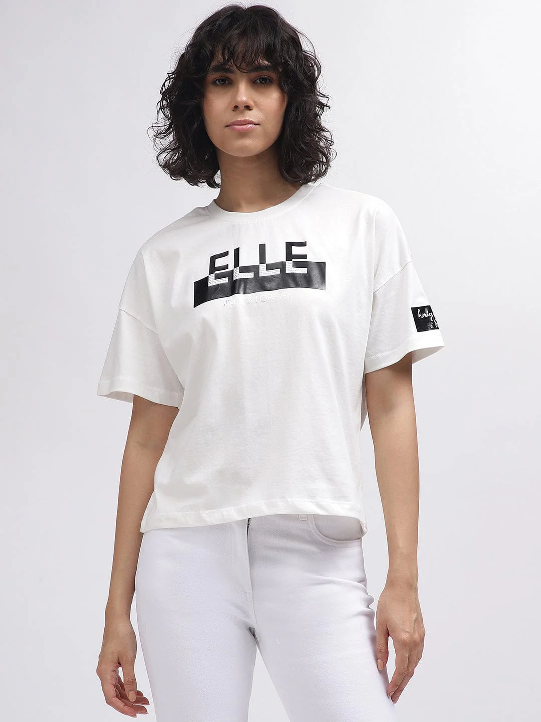 Elle Women White Crew Neck Tshirt