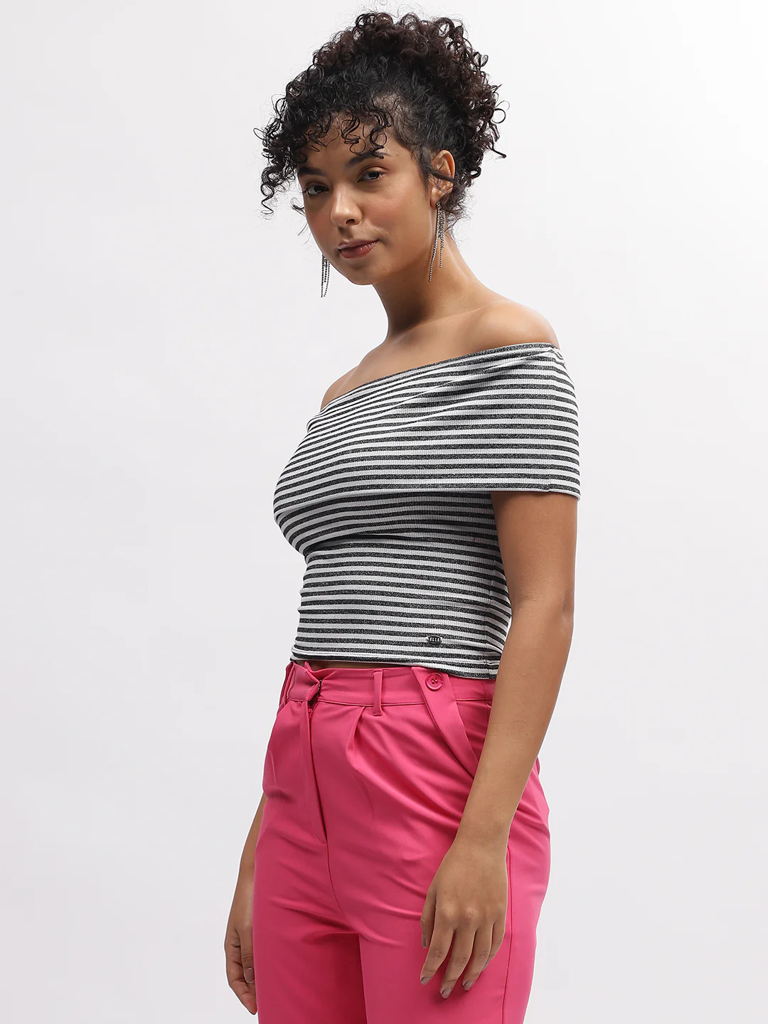 Elle Women Black Striped Off Shoulder Short Sleeves Top - Image 3