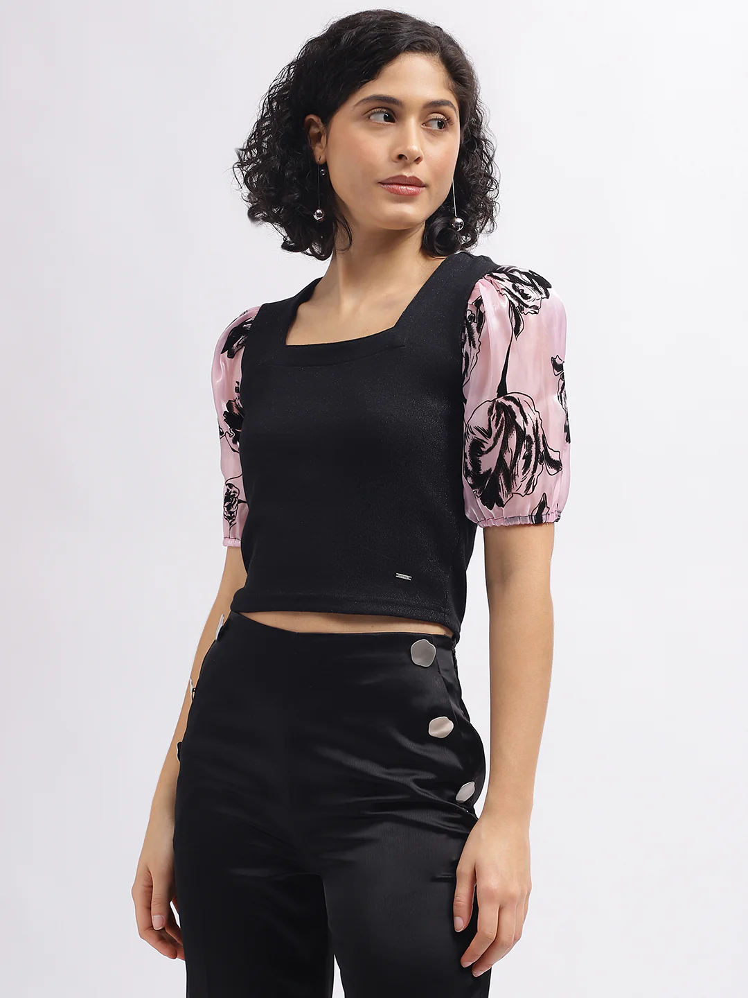Elle Women Black Colour Blocked Square Neck Short Sleeves Top - Image 3