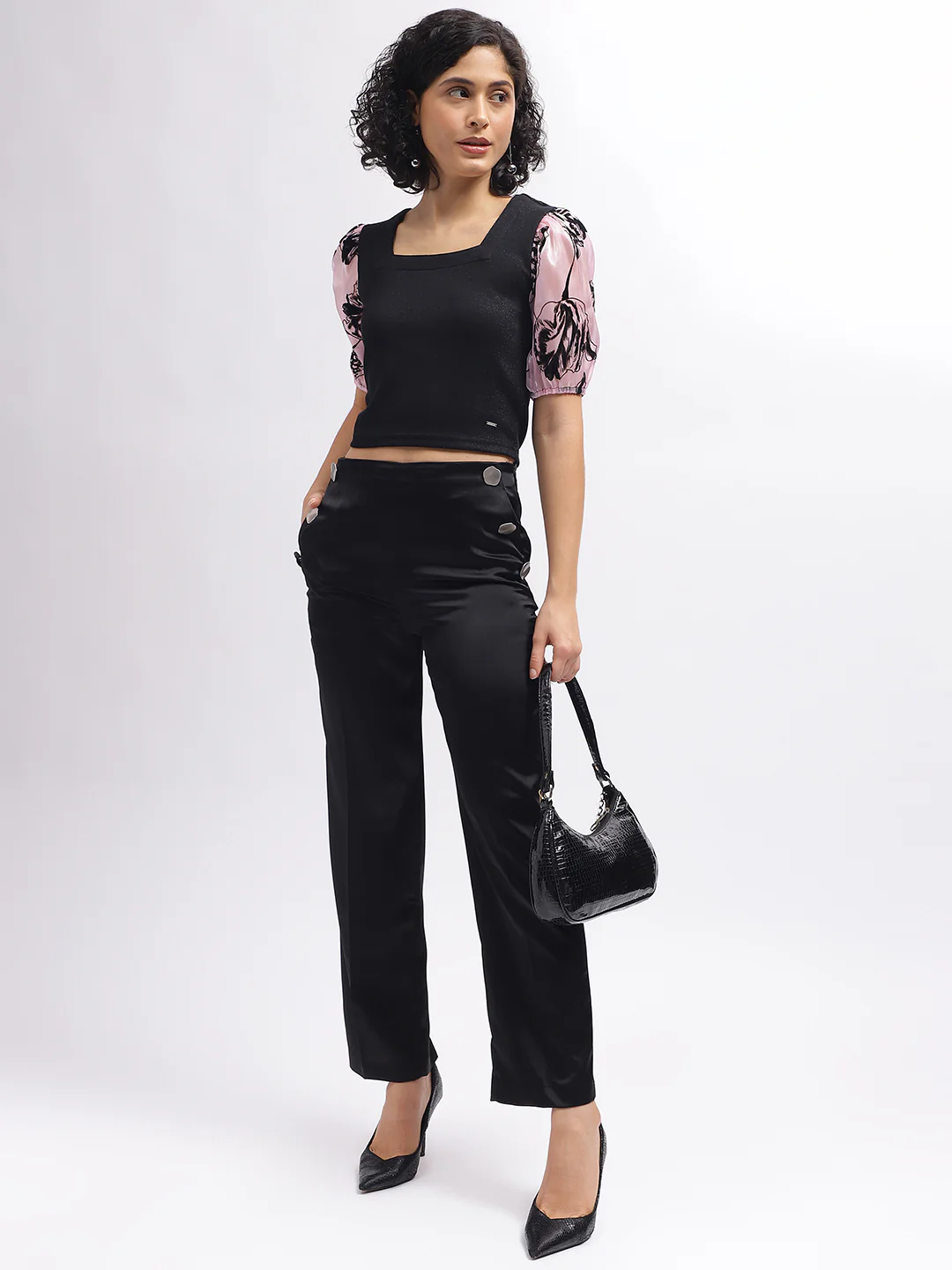 Elle Women Black Colour Blocked Square Neck Short Sleeves Top - Image 5